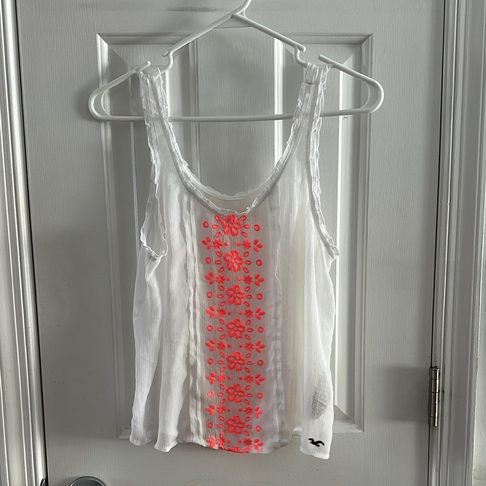 Hollister Shear White and Orange Embroidered Top